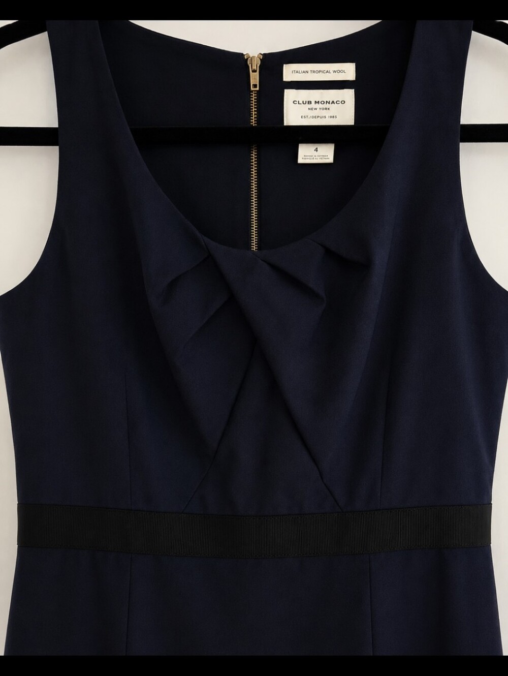 Club Monaco| Italian Tropical Wool Sheath Dress Navy Pleated Sleeveless - Picture 5 of 10